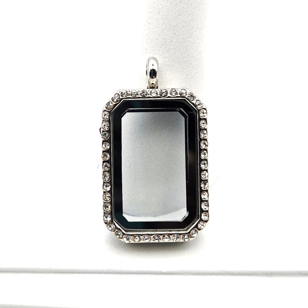 Fillable Glass Locket Silvertone & Rhinestone - Picture 1 of 6